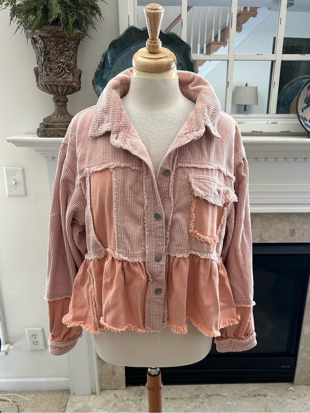POL Peachy Pink Corduroy Patchwork Peplum Jacket